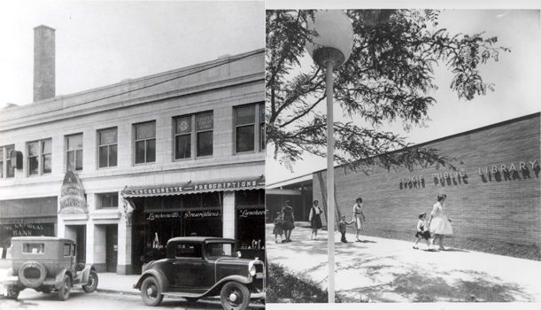 The left image is an old black and white photograph showing the exterior of a two-story building, the Oakton Drugs building, where the Skokie Public Library first opened its doors in 1930. There are two old cars parked out front of the building. The right image is an old black and white photograph that shows several adults and children walking and holding hands down a sidewalk along the exterior wall of the Skokie Public Library, which is written on the brick.